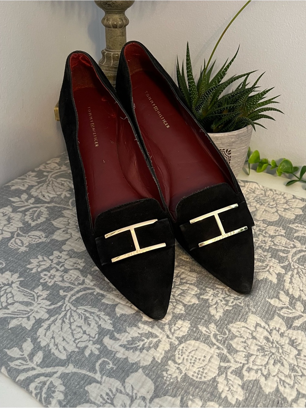 Tommy Hilfiger Black Suede Pointed Loafer Flats with Gold Accent